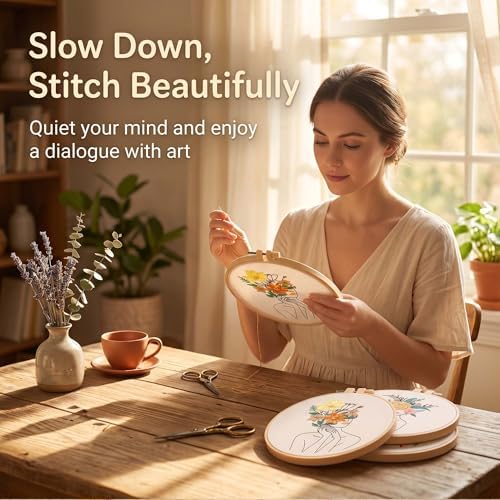 Harimau Adult Beginner Embroidery Starter Kit, Complete Set with 4 Patterns, 2 Hoops, Needles, Scissors, Instruction Guide & Stitching Video Tutorials