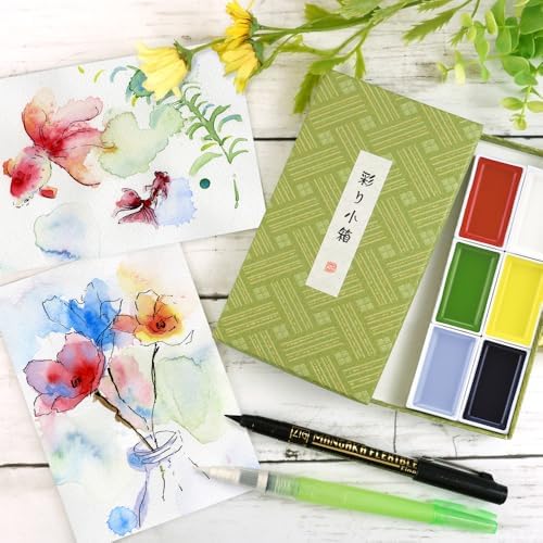 Kuretake Irodori Kobako Green Watercolor Paint Set, 6 Colors, Made in Japan