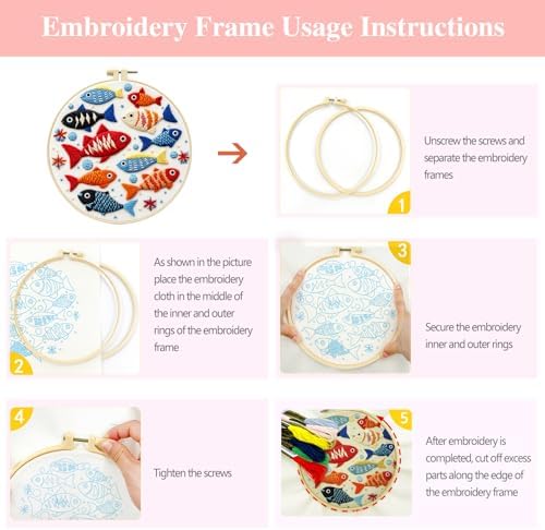 Zhenqing Colorful Fish Embroidery Kit for Beginners, Ocean Fish Needlework Craft, Pre-Printed Cotton Fabric with Hoop, Threads & Tools, 29x29cm (C0059)