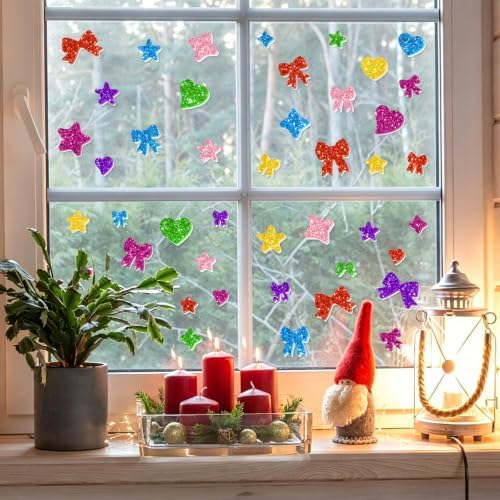 875PCS Glitter Foam Stickers, Colorful Heart & Star & Bow Stickers, Self-Adhesive Foam Stickers for Scrapbooking Card Making Birthday Party Classroom Decor Art Supplies (7 Colors)