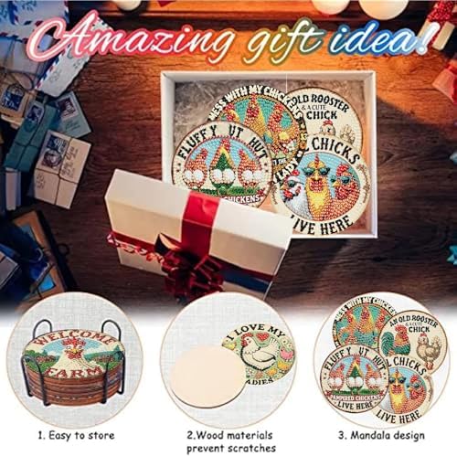 8 Pcs Chicken Diamond Art Coasters Kits, Diamond Painting Coasters Kits 