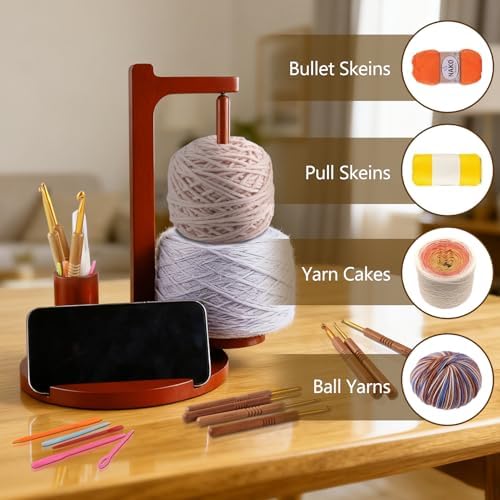 Yarn Holder for Crocheting and Knitting, Wooden Magnetic Yarn Spinner Rotating Holder with Crochet Hooks and Needles, Phone Stand and Storage Organizer, Ideal Gift for Knitting Lovers