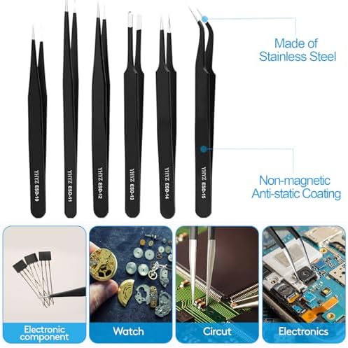 YHYZ 9PCS Precision Tweezers Set, Upgraded Anti-Static Stainless Steel Precise Tweezers (Fine, Curved, Flat), Perfect for Craft, Electronic, Soldering, Model, Hobby, Jewelry Making, Laboratory