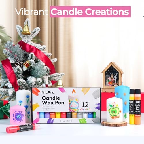 Nicpro Candle Wax Pen, 12 Colors 3D Candle Paint Include Glitter Silver Gold, Non-Toxic Candle Making & Painting Kit, Vibrant Colors Wax Paint for Crafts DIY Birthday Holidays Wedding Party 1-oz(30ml)