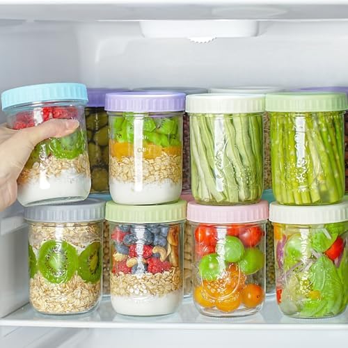 Miuyhji Overnight Oats Containers with Lids, 16 oz Glass Mason Jars, 6 Pack
