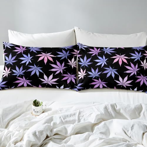 Cannabis Leaves Sheet Set Hemp Leaf Plant Bedding Set Natural Botanical Bed Sheets Teens Room Decor Black Purple Pink (King Flat & Fitted Sheet with 2 Pillow Case)