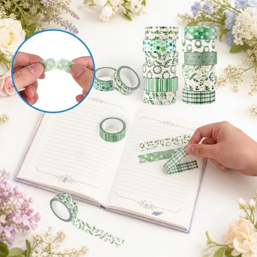 12 Rolls Floral Washi Tape Set, Green Watercolor Flowers Design for for Journaling, Scrapbooking, DIY Craft, Planners, Gift Wrapping, Back to School Art Supplies