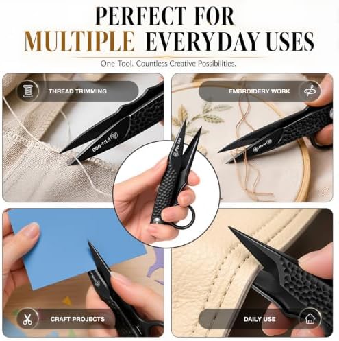 Premium Sewing Scissors, Sharp Precision Thread Snips with Stainless Steel Blades, Upgrade Small Craft Scissors with Black Hammered Handle for Embroidery, Quilting, Fabric, Leather & DIY Projects