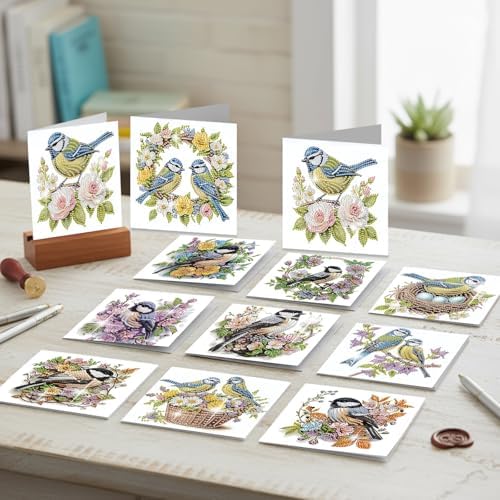 C'eitura 12Pcs Bluebird Diamond Art Painting Greeting Card Kit with Envelopes, DIY Bird Theme Christmas Birthday Thanksgiving Card Making Set, Nature Inspired Handmade Card Craft