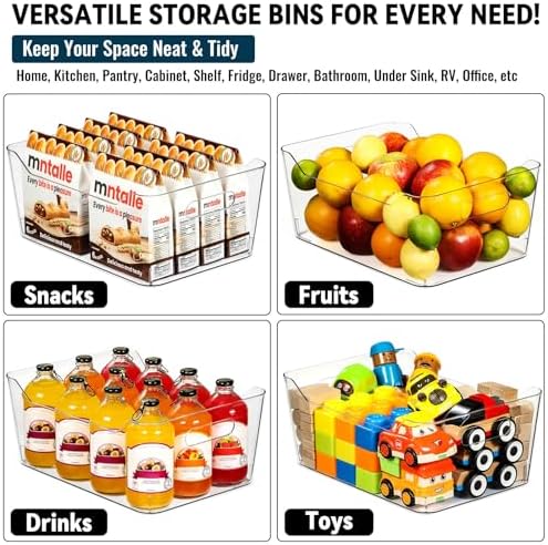 12 PACK Multi-Use Clear Plastic Storage Bins for Organizing w/ Labels - Home, Kitchen, Pantry, Bathroom, Office, Cabinet Shelf Organizer Bins - SOHO Collection, RV, Fridge Organization Containers -XXL