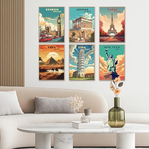 6 Pack Paint by Numbers Kit for Adults, Travel Number Painting, 10x14 Inch | DIY Adult Paint by Number Kits on Canvas for Beginners, without Frame, Vintage Travel Wall Decor, Stress Relief Craft Gift