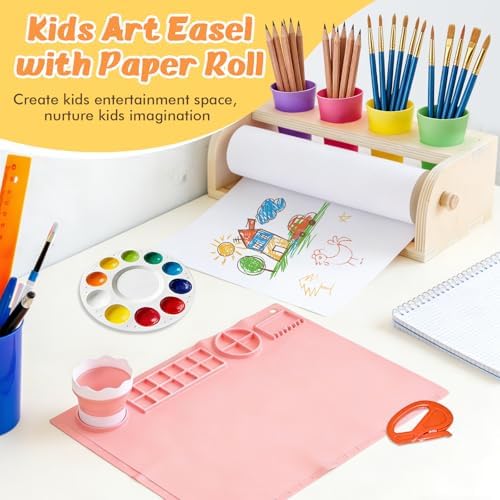 Kids Art Easel with Paper Roll Wooden Tabletop Paper Roll Dispenser