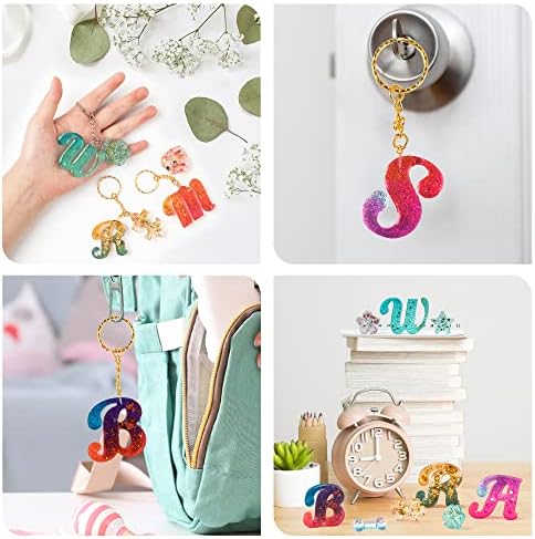 Mocoosy 182Pcs Fancy Alphabet Resin Molds Silicone Kit, Reversed Letter Keychain Epoxy Resin Casting Molds, Resin Key Chain Making Set with 1 Hand Drill 2 Drill Bits 30 Key Rings 100 Screw Pins