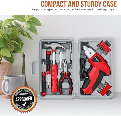 Hi-Spec 3.6V USB Small Power Screwdriver & Home DIY Tool Kit with Case, Red | 19pc, fast assembly help, common screw bit selection, LED visibility, compact grip, quick household fixes, organized storage