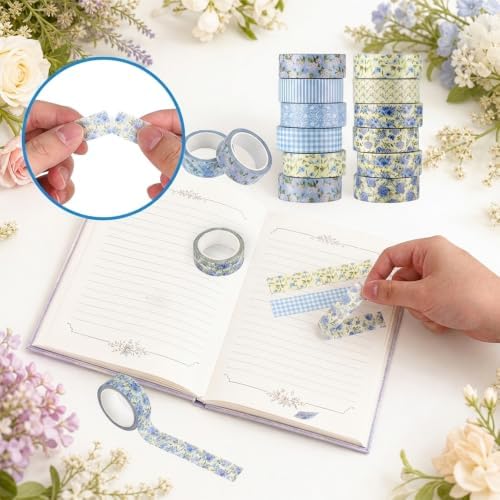 12 Rolls Floral Washi Tape Set, Blue Watercolor Flowers Design for for Journaling, Scrapbooking, DIY Craft, Planners, Gift Wrapping, Back to School Art Supplies