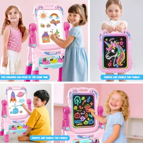 2-in-1 LED Drawing Board, Art Easel for Kids – Adjustable Double-Sided Rotatable Art Easel with Painting Accessories, Preschool Learning Toy for Girls Aged 3-5, Perfect Christmas, Birthday Gift (Pink)