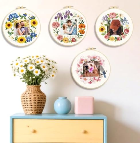 ORIGACH 4 Pack Floral Frame Embroidery Kits for Beginners DIY Starter Hand Embroidery Kit with Floral Wreath Patterns and Instructions for Adults Women Crafting