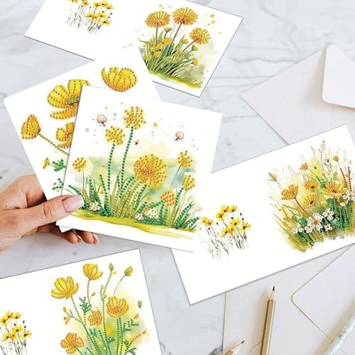 6pcs 5D DIY Diamond Painting Kit Greeting Card, Small Yellow Flower Diamond Handmade Greeting Card with Envelope, Holiday Gift Congratulations