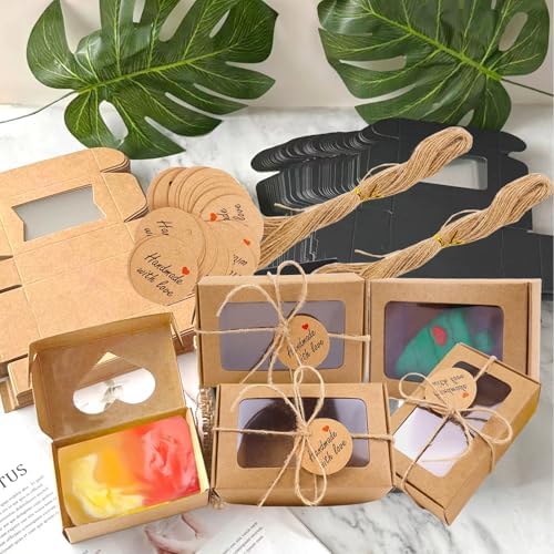 BZIDII 35Pcs Soap Boxes for Homemade Soap and tags,3.54 X 2.36 X 1.18 Inch Soap Boxes with Window,Bar Soap Packaging Kraft Box Supplies(Brown)