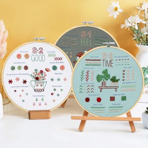 KintKita Embroidery Kit for Adults Beginners, 3 Stages to Learn 31 Basic Embroidery Stitches Practice Cross Stitch Kits for Beginners with Embroidery Patterns, Hoop,Threads,Tools
