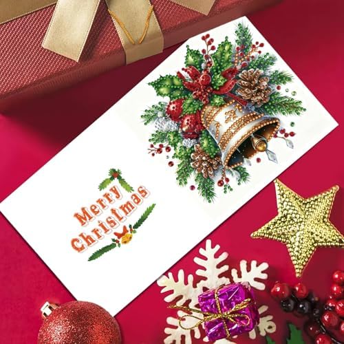 6Pcs Christmas Greeting Card DIY Diamond Art Painting Greeting Cards Blessing Folding Card Kit with White Envelopes Diamond Arts Crafts for Birthday Festival Gift-Bell
