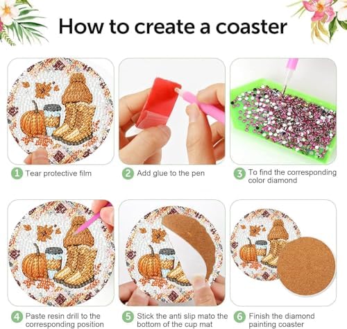 8 Pcs Diamond Art Coaster Kit for Adult with Holder, Diamond Coasters 4x4in