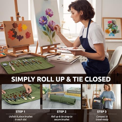 DUGATO 30-Slot Roll-Up Canvas Brush Holder with Lay-Flat Design, Army Green