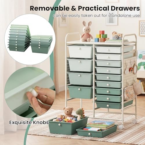 GOFLAME 15-Drawer Rolling Storage Cart with Pegboard, Craft Storage Cart with Lockable Wheels and Metal Frame, Art Cart Supply Storage Organizer for Home Office Classroom, Green Gradient