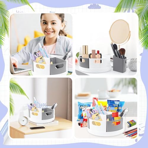 Rotating Art Supply Organizer Storage Caddy for Kids, 7 Bins Craft Crayon Marker Organizers for School Desk, Lazy Susan Pencil Holder for Classroom Organizations (gray and white)