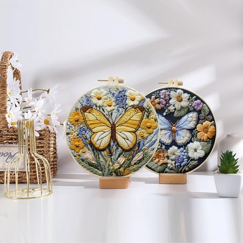 LB 4 Pack Colorful Butterfly Embroidery Kit for Beginners Nature Flower Beginner Embroidery Kit for Adults DIY Starter Kit with Embroidery Hoop Colorful Threads Tools Step by Step Instructions