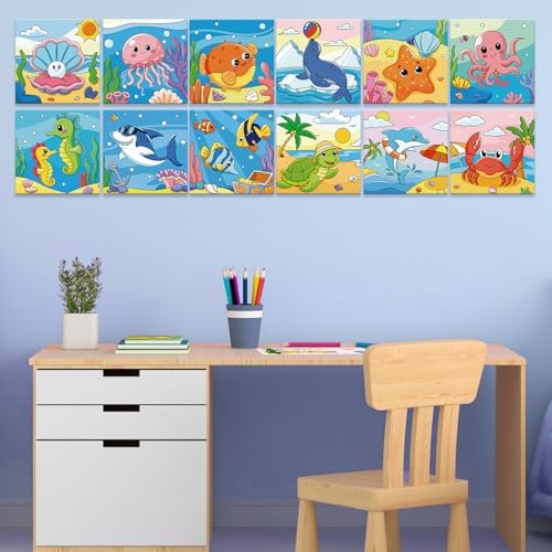 Anseal 12 Packs Pre Drawn Canvas to Paint, 4" X 4" Ocean Pre-Printed Paint Party, Pre Stretched Canvas Outline Painting Boards for Beginners, Party Favor