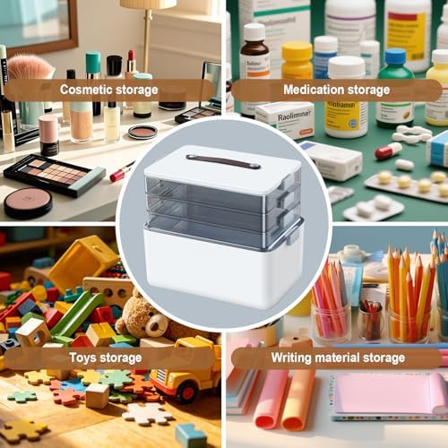 MOPUP 4-Tier Medicine Craft,Sewing,Art,Organizer Storage,Portable Latch Bin with Lid and Leather Handle,Pill Bottle, First Aid,Comes with a 7-Day Pill Organizer,A Household Essential