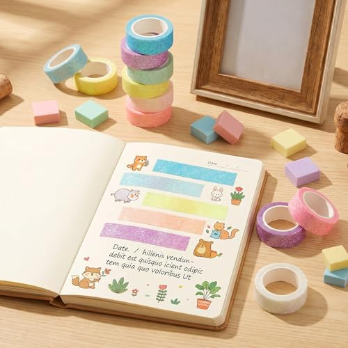 salbsever 12 Rolls Glitter Washi Tape, Decorative Washi Tape Rolls Colorful Holographic Tapes for Arts, DIY Crafts, Journals, Planners, Scrapbook, Wrapping