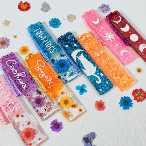 LET'S RESIN Bookmark Resin Molds Silicone 1.5'' Wide, Blank and Cat Moon Pattern Silicone Bookmarks Molds Kit with 20pcs Tassels, Rectangle Bookmark Molds for Epoxy Resin Casting Crafts