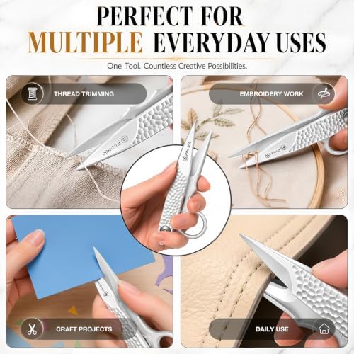 Premium Sewing Scissors, Sharp Precision Thread Snips with Stainless Steel Blades, Upgrade Small Craft Scissors with Silver Hammered Handle for Embroidery, Quilting, Fabric, & DIY Projects