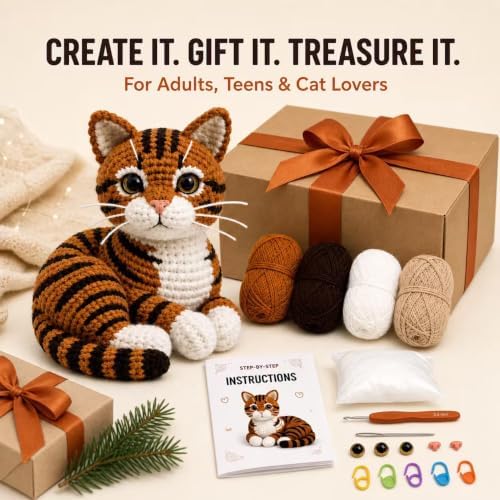 Crochet Kit for Beginners Orange Tabby Cat DIY Animal Set with Video Guide