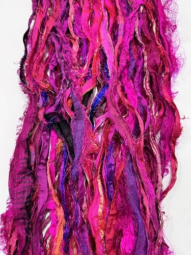 Maker's Craft Recycled Fuzzy Fringes Sari Silk Ribbon Yarn 35yards, 100Grams for DIY Knitting Crocheting Gift Wrapping, Christmas Decoration, Macrame Makers, Jewelry Making, Rugs Hooking (Magenta)