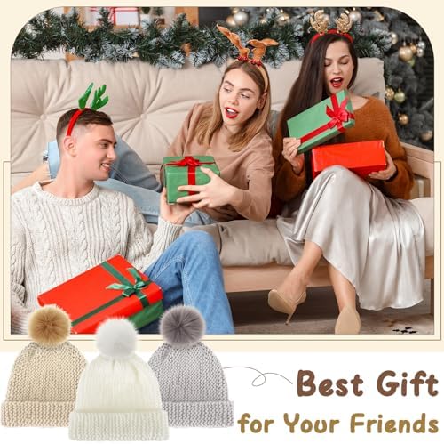 Syhood Hat Knit Set with Yarn Bamboo Needle Pom,White, Khaki White, Khaki