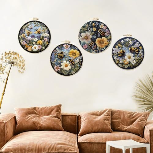 LB 4 Pack Yellow Bee Floral Embroidery Kit for Beginners Green Plant Beginner Embroidery Kit for Adults DIY Starter Kit with Embroidery Hoop Colorful Threads Tools Step by Step Instructions