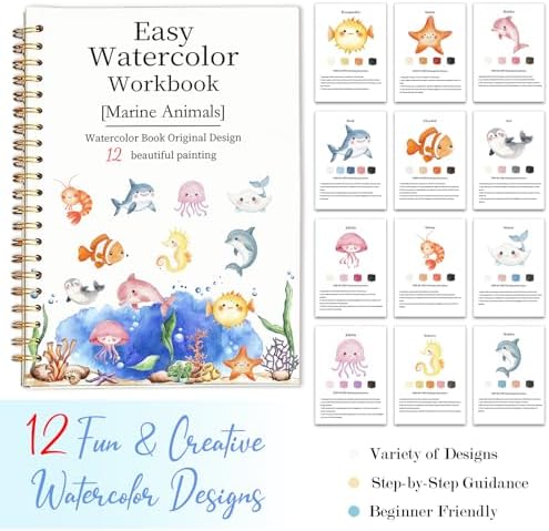 Easy Watercolor Workbook for Beginners - 12 Beautiful Step-by-Step Paintings Water Coloring Book, Includes 18 Colors Paints, Relaxing Art Projects and Creative Gift for Adults & Teen (Marine Animals)