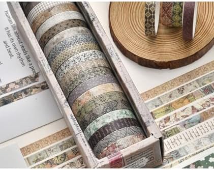 Basic Skinny Washi Tape Set 20 Rolls- Retro Antique Patterns Masking Thin Decorative Tapes for Arts, DIY Crafts, Bullet Journal, Planners, Scrapbook Decor, Gift Wrapping, Junk Journal
