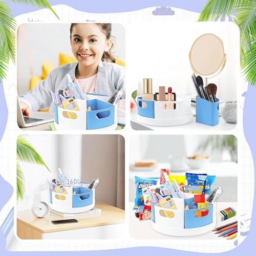 Rotating Art Supply Organizer Storage Caddy for Kids, 7 Bins Craft Crayon Marker Organizers for School Desk, Lazy Susan Pencil Holder for Classroom Organizations (blue and white)