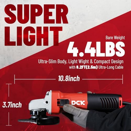DCK Angle Grinder, 4-1/2-Inch, 6.7Amp Cut off Tool Grinder, 11,800 RPM with 2 Safety Guards, 6-Piece Discs (2 Cutting/2 Grinding/2 Flap Discs), Professional Angle Grinder for Metal, Wood (KSM09-115S)