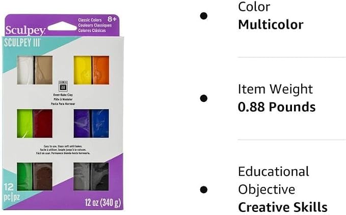 Sculpey III 12 Bright Colors of Polymer Oven-Bake Clay, Non Toxic 12 oz., great for modeling, sculpting, holiday, DIY & school projects.Great for kids & beginners, Multicolor, S3 VMB-6