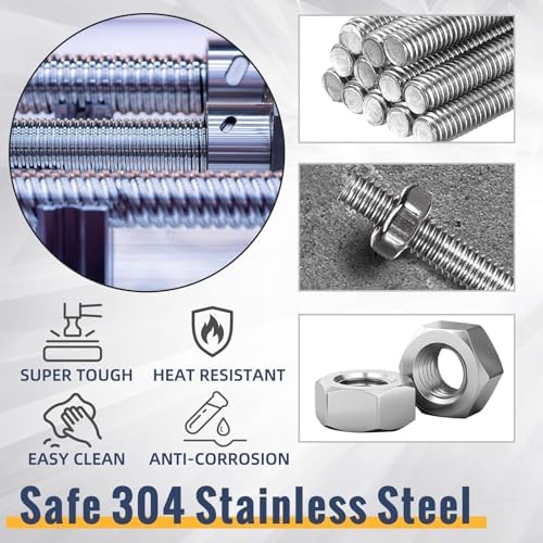 LEIFIDE 8/32 Inch 4mm Threaded Rod with Hex Nuts 4mm Stainless Steel Threads Studs Rods Stainless Steel Fully Threaded Hex Nuts for Beaded Garden Stake Rods(24 Pcs,12 Inch,16 Inch)