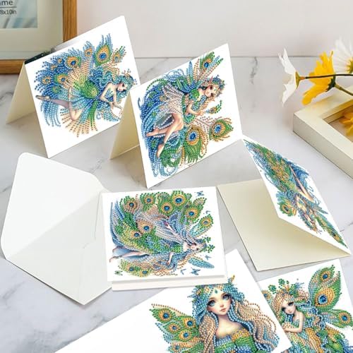 Tontut 6pcs Diamond Art Painting Kit Greeting Card, Green Angel Butterfly 5D DIY Diamond Handmade Holiday Greeting Card with Envelope, Holiday Gift Congratulations