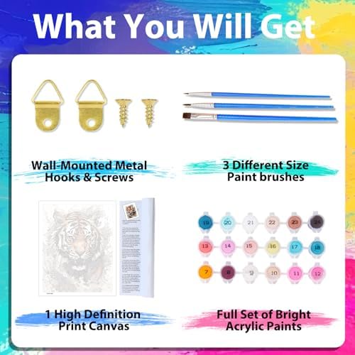 xcemhil Tiger Paint by Numbers Kit for Adults Beginner, Tiger Paint by Number for Adult, Acrylic Paint by Numbers Kits Suitable for Home Wall Art Decor Gifts 16x20 Inch