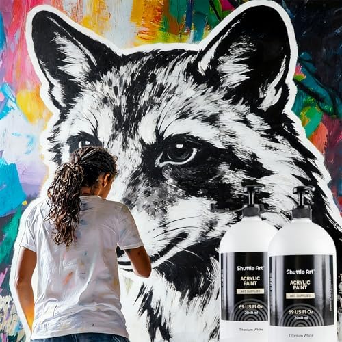 Shuttle Art Titanium White Acrylic Paint Set, 2×69oz/2040ml Large Capacity Pump Bottles with Covers, High Coverage, Fast Drying Non-Toxic Art Paint for Artists, Students, Kids & Multi-Surface