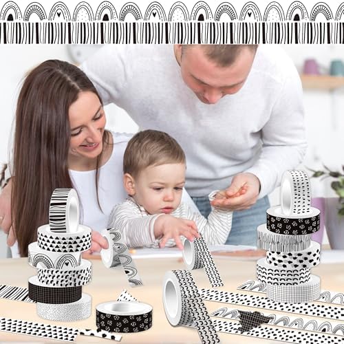 12 Rolls Black and White Rainbow Washi Tape Set Bohemian Themed Decorative Masking Tape for DIY Crafts, Scrapbooking & Gift Wrapping