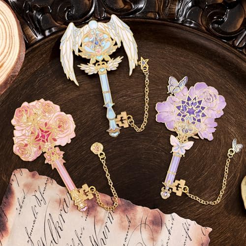 4pcs Metal Bookmarks Set for Reading Women and Men, Enchanted Floral Wing Key Magic Reading Accessories, Fantasy Book Marks Gifts for Book Lovers Readers Kids Page Holders with Flower Feather Designs